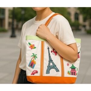 BEREK Tote Bag Sequined Embroidered World Travel Landmarks Full Zip Tan Orange